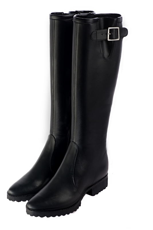 Satin black women's knee-high boots with buckles. Round toe. Flat rubber soles. Made to measure. Front view - Florence KOOIJMAN